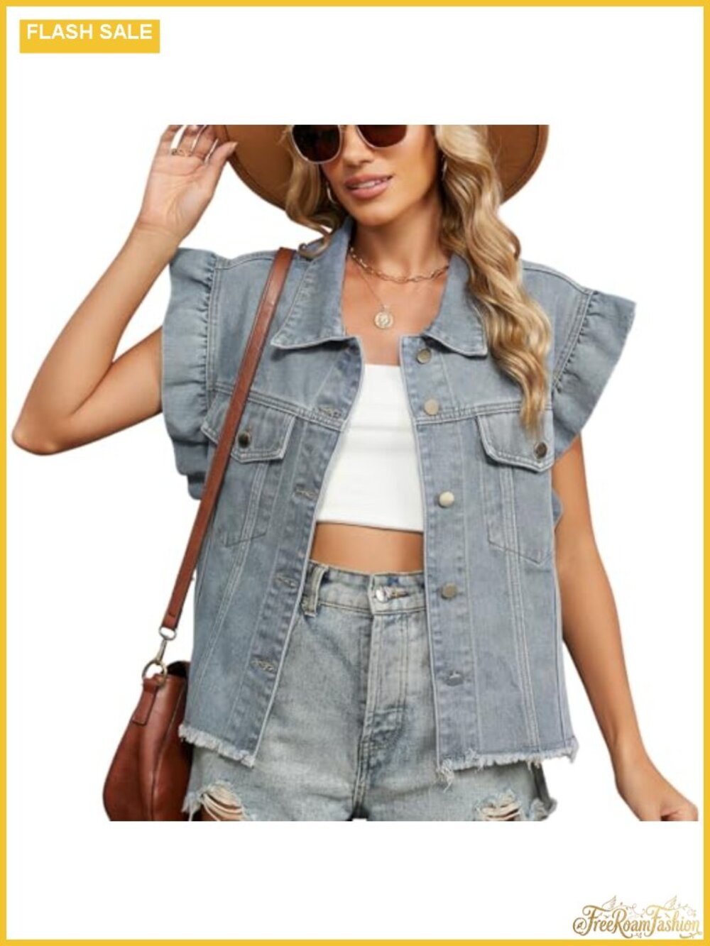 Sleeveless Denim Jean Vest Button Down Ruffle Trim Fringe Hem Western